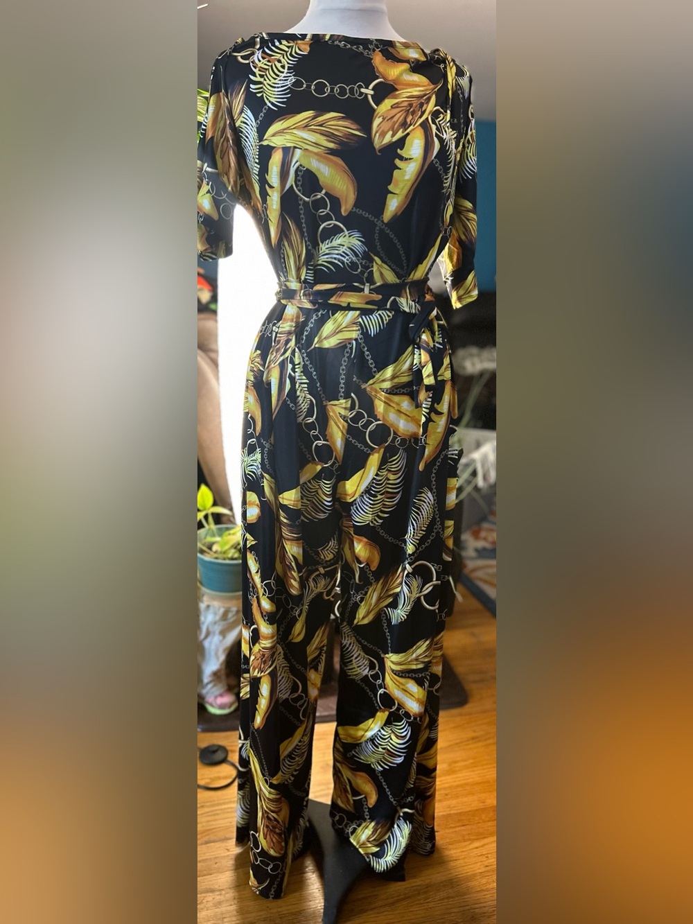 Women's Black & Gold Printed Jumpsuit with Belt
See last photo for full fit